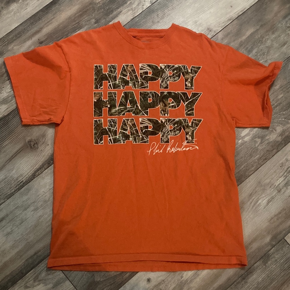 Duck Commander HAPPY HAPPY HAPPY Phil Robertson ORANGE Camo Tshirt Size L